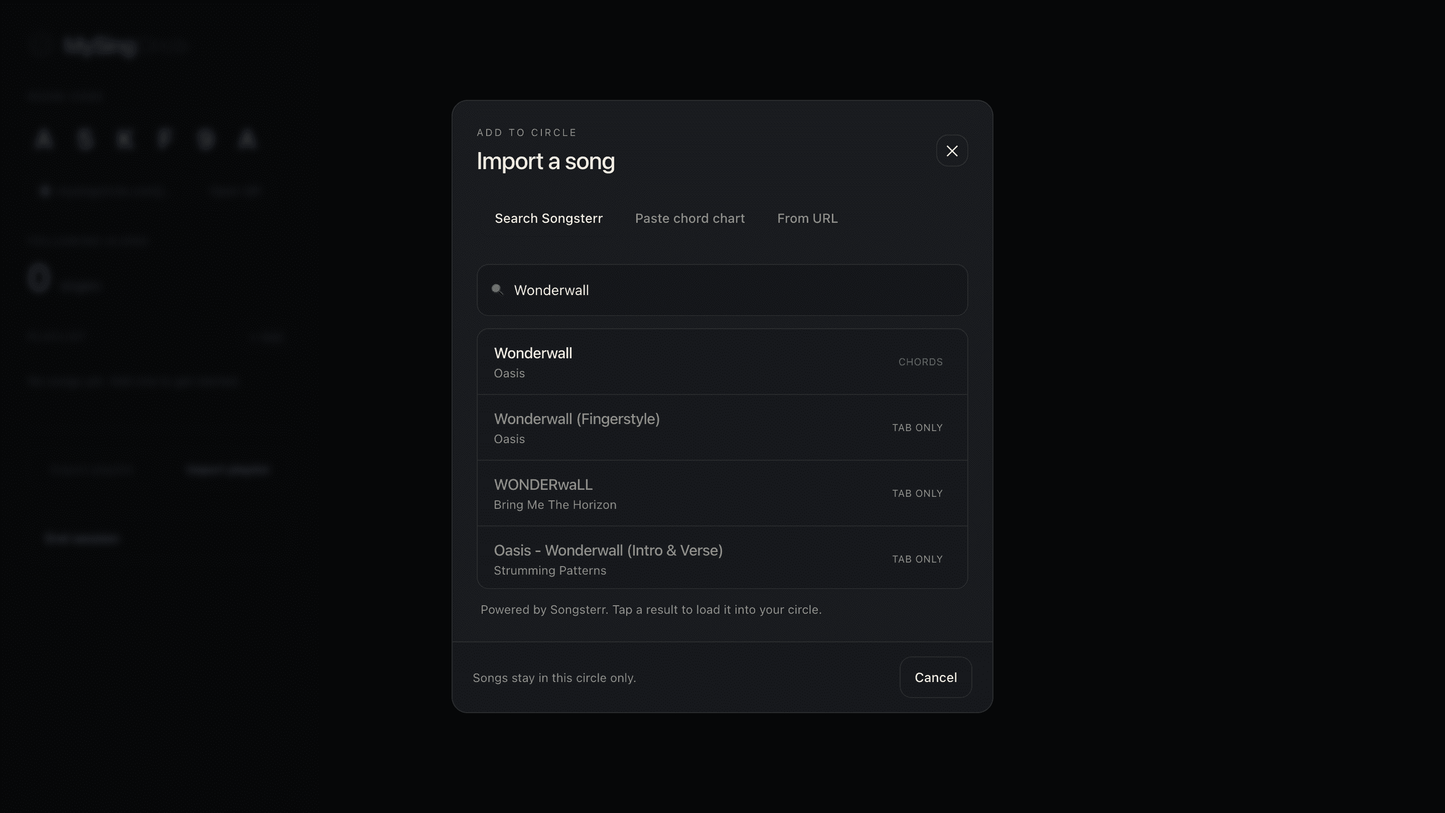 The import modal with Search Songsterr selected, results for Wonderwall showing Chords and Tab Only badges