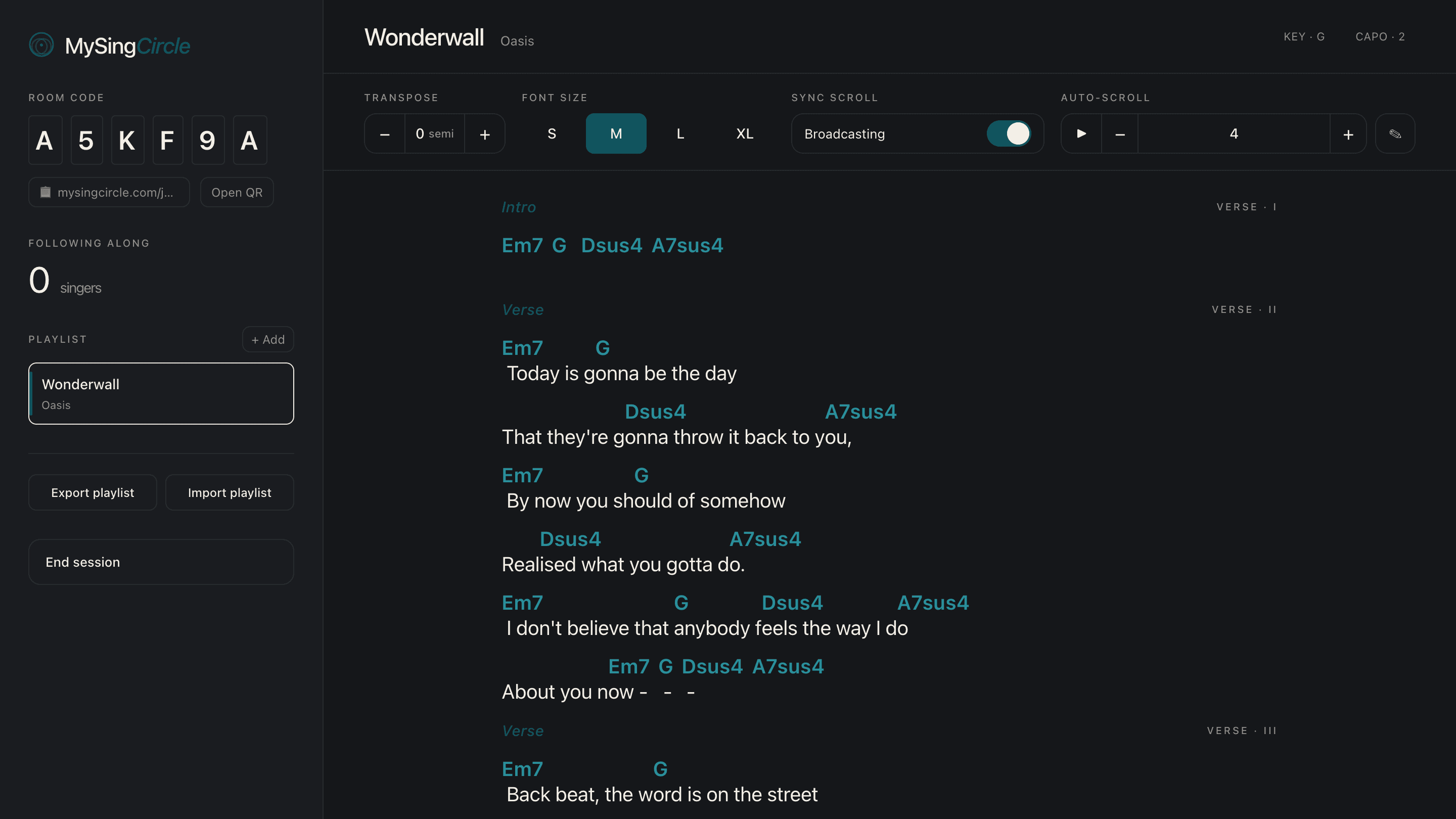 Wonderwall loaded in the musician dashboard with transpose, font size, sync scroll and auto-scroll controls