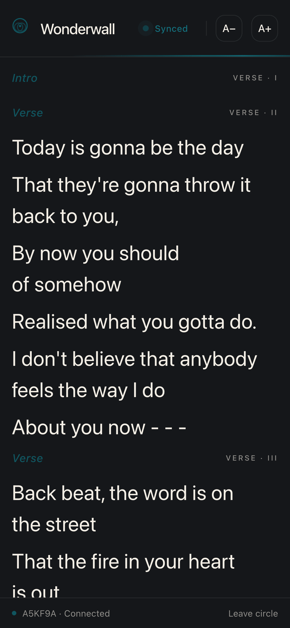 A phone showing the lyrics for Wonderwall with the active line highlighted